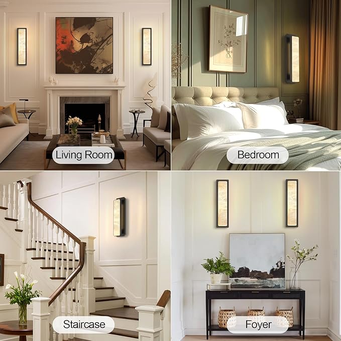 Alabaster Wall Sconces 20" Black Bathroom Vanity Light Indoor Natural Marble Bronze Alabaster Wall Lights for Living Room Modern Alabaster Wall Lighting for Dining Room Bedroom Stairs