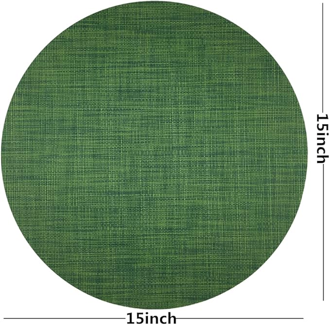 WAZAIGUR Round Placemats Set of 6 Woven Vinyl Easy to Clean Heat Resistant Kitchen Table Mats 15 Inch(Hunter Green 6)