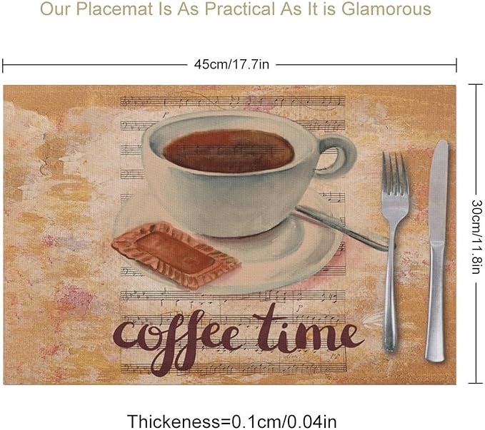 Coffee Time Placemat Set of 4, 12x18 Inch Rustic Coffee Theme Beans Leaves Vintage Farmhouse Washable Heat Resistant Table Mats for Outdoor Farmhouse Kitchen Dining Decor