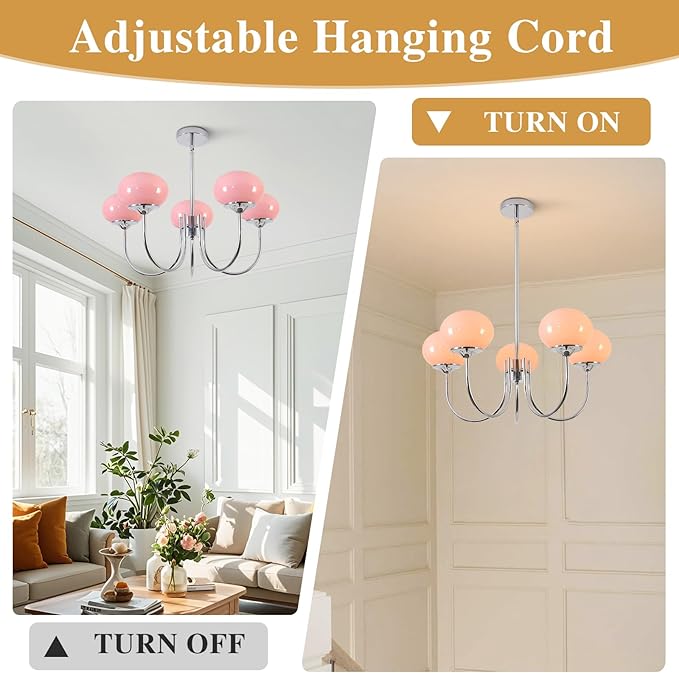 BOKT Nordic Pink Chandelier 5 Heads Chrome Chandelier Pendant Light Fixture Dining Room Oval Glass Globe Ceiling Chandeliers Elegant Decorative Chandeliers for Girls' Bedroom