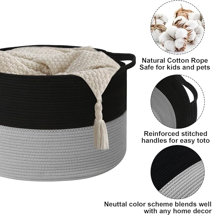 Large Blanket Basket for Organizing,65L Closet Organizers and Storage Bins Box for Shelves Woven Rope Storage Baskets,Living Room,Bedroom,Dorm,Laundry room (Black&Light Grey)