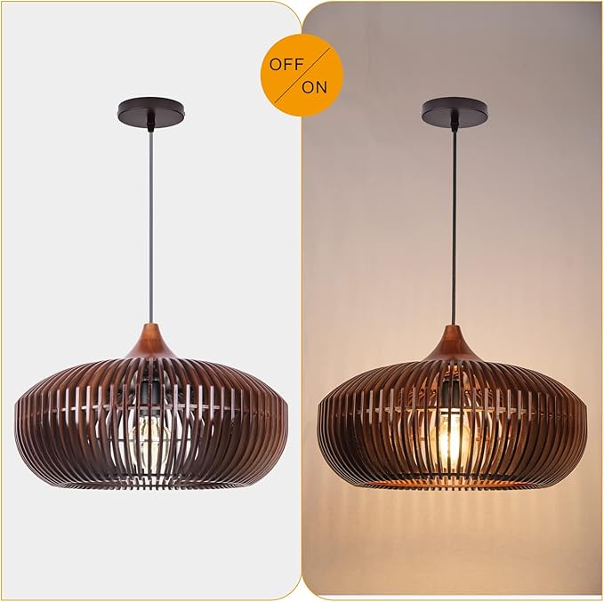 Arturesthome Farmhouse Round Wood Pendant Light, Rustic Wooden Hanging Ceiling Light Fixture for Kitchen Island Cafe Basement Hallway, Coffee