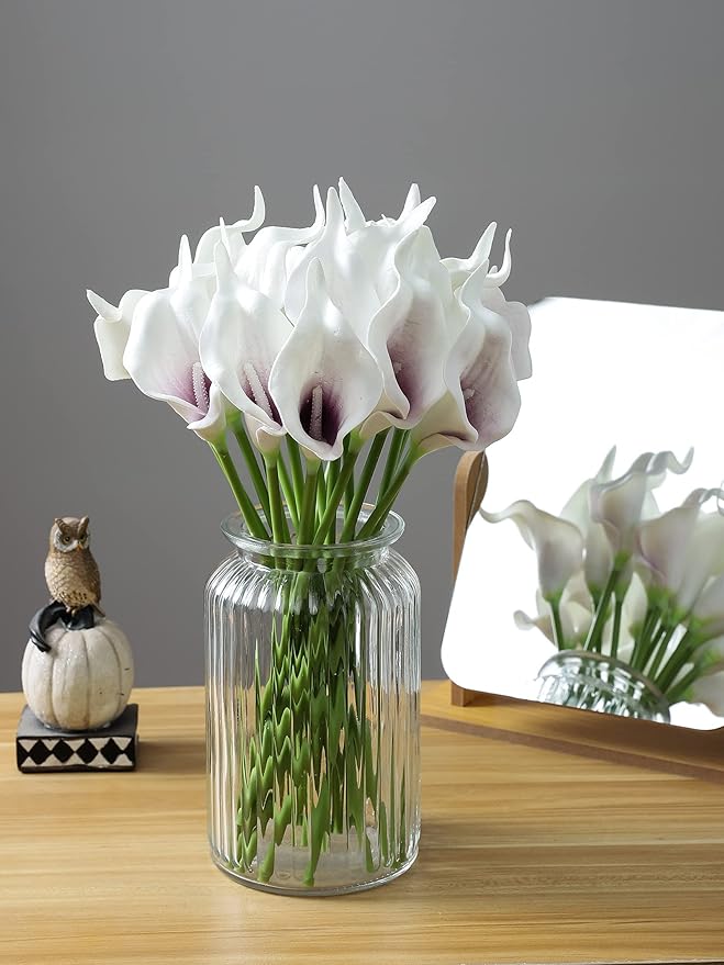 Duovlo 20pcs Calla Lily Bridal Wedding Bouquet Lataex Real Touch Artificial Flower Home Party Decor (Purple in White)