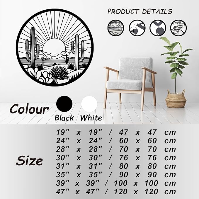 Desert Cactus Metal Wall Art, Round Desert Wall Decor with Cactus and Sunset Design, Metal Wall Art for Living Room Bedroom Entryway, Western Outdoor Cactus Decor (Black, 31" x 31" / 80 x 80 cm)