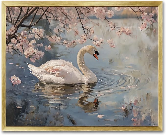 AIMAILON Vintage Gold Canvas Wall Art Framed Decor for Living Room Gallery White Swan Animal Print Pictures Classical Pink Flower Lake Background Aesthetic Artwork Home Decoration 16x20