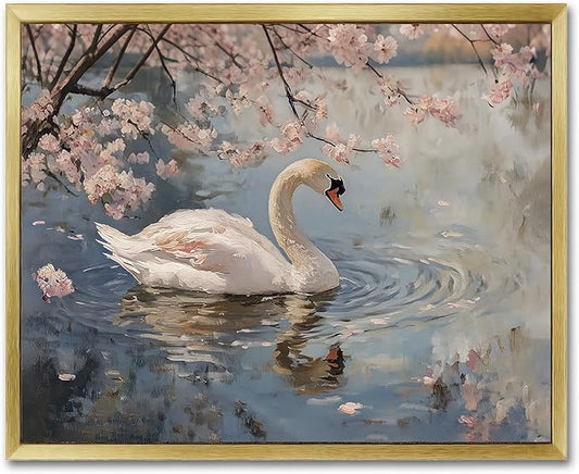 AIMAILON Vintage Gold Canvas Wall Art Framed Decor for Living Room Gallery White Swan Animal Print Pictures Classical Pink Flower Lake Background Aesthetic Artwork Home Decoration 16x20