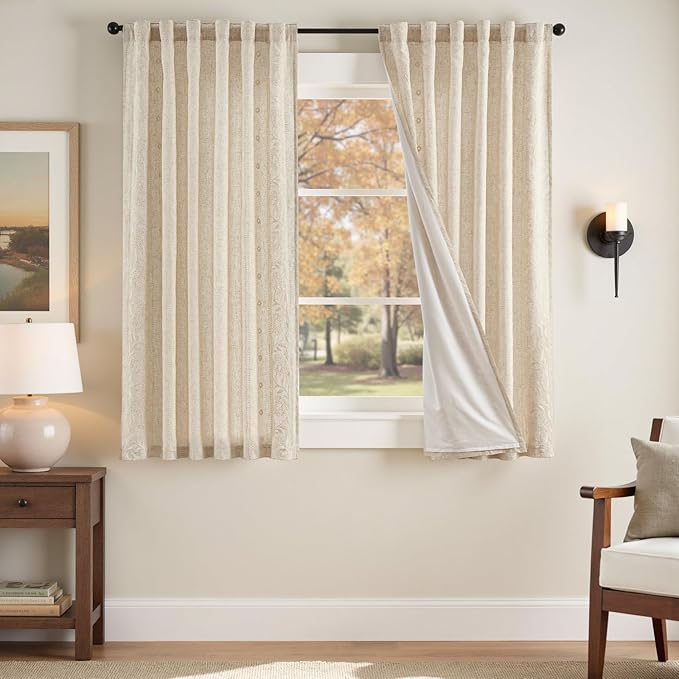 jinchan Winslow Lined Linen Curtains for Bedroom 63 Inches Linen Blended Embroidered Bordered Floral Curtains for Living Room Farmhouse Decor Window Treatments Ivory on Beige Drapes 2 Panels