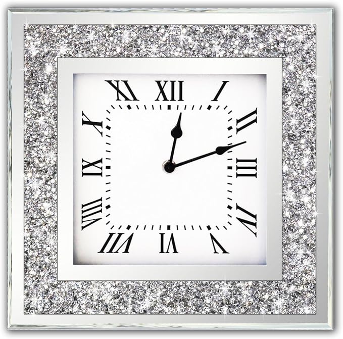 DMDFIRST Crystal Crush Diamond Mirrored Square Wall Clock with Sparkle Twinkle Bling Decor for Decoration, 16x16 inch Decorative Silver Mirror Quartz Home Decor. AA Battery not Included