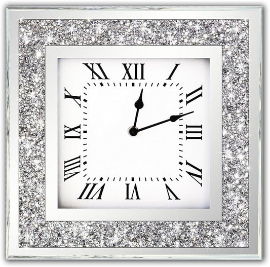 DMDFIRST Crystal Crush Diamond Mirrored Square Wall Clock with Sparkle Twinkle Bling Decor for Decoration, 16x16 inch Decorative Silver Mirror Quartz Home Decor. AA Battery not Included