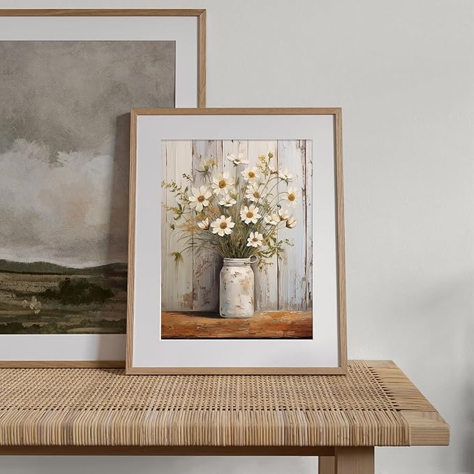 XOCUUI Vintage Canvas Wall Art, Modern Gallery Decor Print White Daisy Flower With Leaf In Bottle Theme Picture Artwork For Walls Ready for Kitchen Bedroom Decor Size 12x16