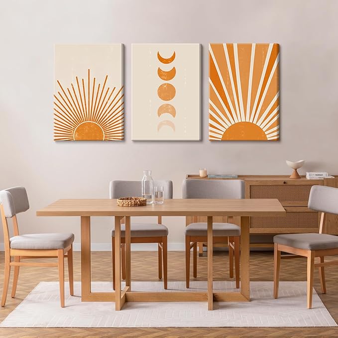 3Pcs Boho Minimalist Wall Art Abstract Sun Moon Canvas Wall Decor Beige Sunshine Mid Century Modern Nordic Style Pictures Prints Posters for Living Room Bedroom Home Decor Ready To Hang 16x24in