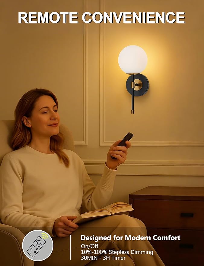 Battery Operated Globe Wall Sconces Set of 2, Black & Gold Wireless Wall Lights with Remote Control, Rechargeable 3 Color Stepless Dimming Modern Wall Decor Lamp for Bedroom Living Room Hallway