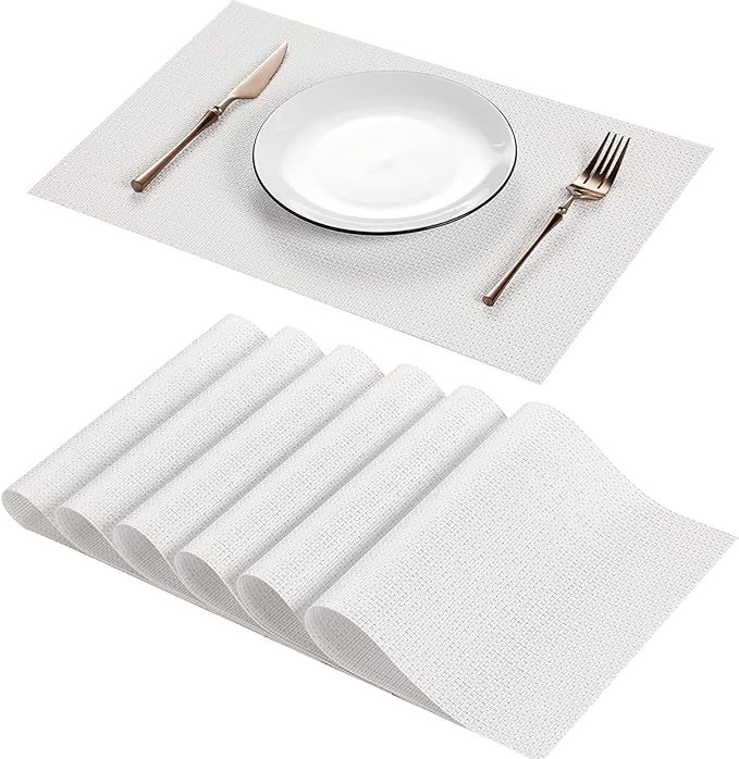 AHHFSMEI Placemats for Dining Table Set of 6 Woven Vinyl Plastic Place Mats Non-Slip Heat Insulation Stain Resistant Table Mats Washable Easy Clean Placemats (White)