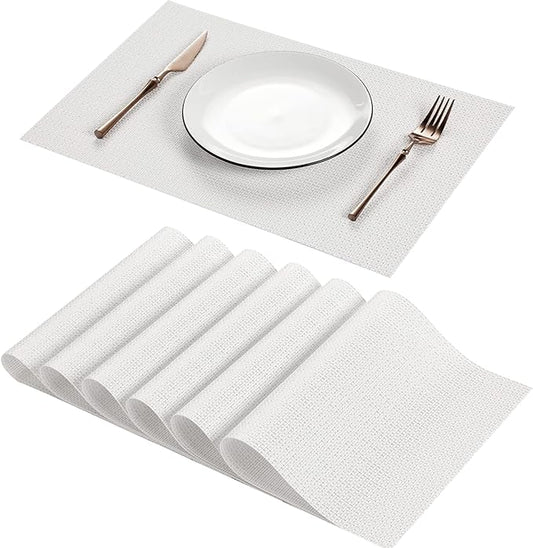 AHHFSMEI Placemats for Dining Table Set of 6 Woven Vinyl Plastic Place Mats Non-Slip Heat Insulation Stain Resistant Table Mats Washable Easy Clean Placemats (White)