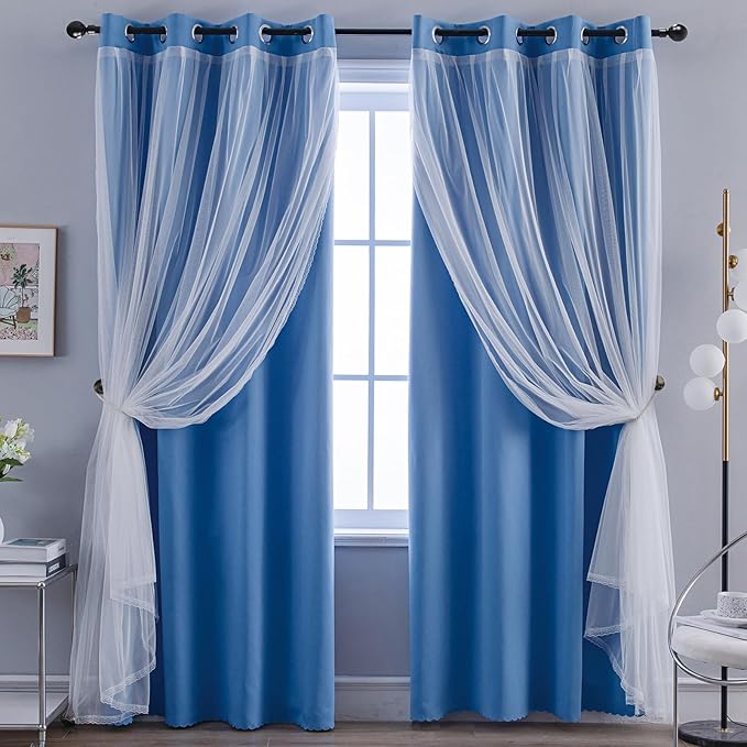 Anytime Home Curtains Blackout and Sheer Layered Solid Window Curtain Panel Pair with Grommet Top, 52Wx84L, Blue