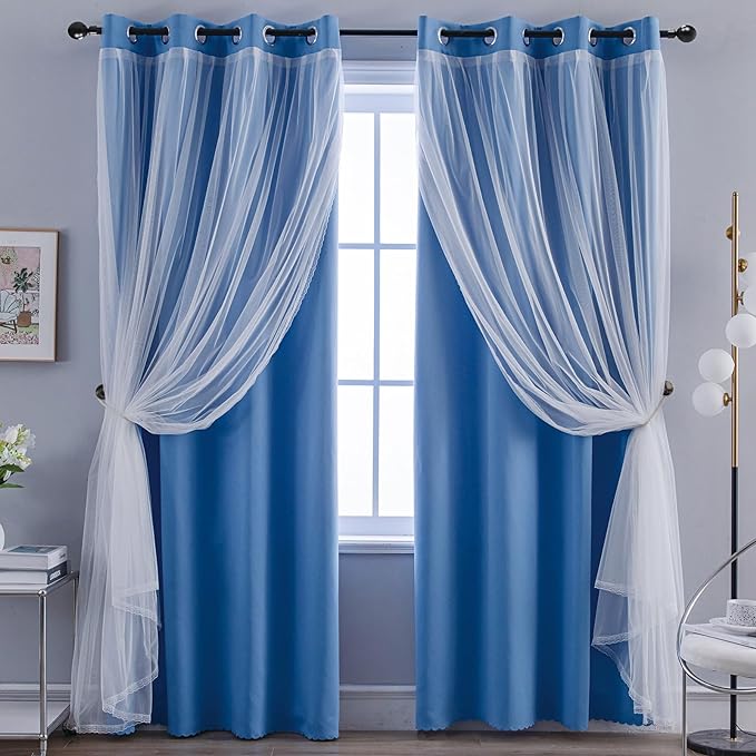 Anytime Home Curtains Blackout and Sheer Layered Solid Window Curtain Panel Pair with Grommet Top, 52Wx63L, Blue