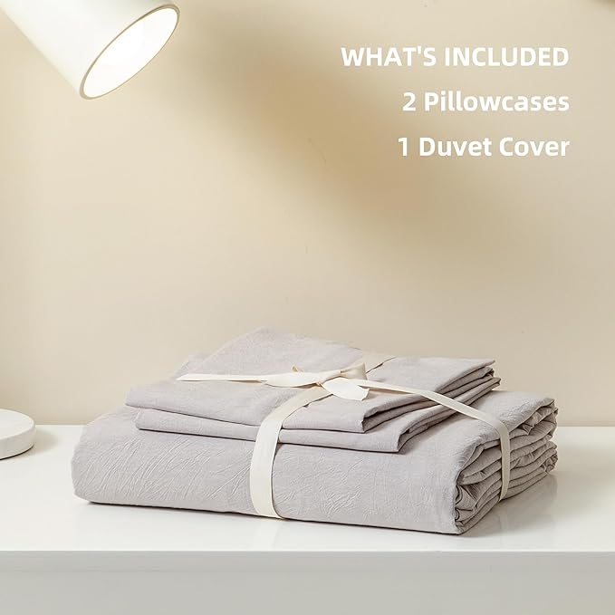JIYUAN 100% Washed Cotton Duvet Cover Set 3 Pieces Oversized King, 1 Duvet Cover 120x98 Inches(Comforter Not Included) and 2 Pillowcases,Linen Feel Bedding Set Comfy and Breathable, Heathered Linen