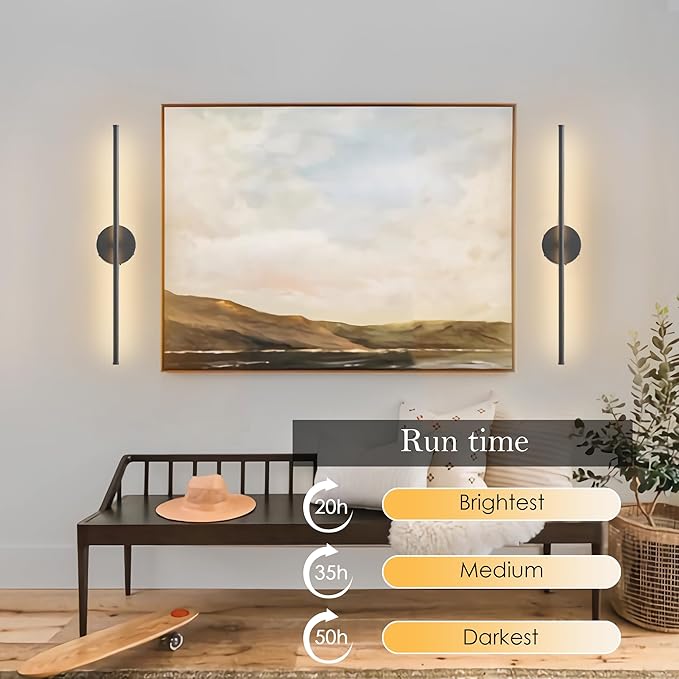 Battery Operated Wall Sconces Set of Two, with Remote Control, Dimmable, Warm White/Natural White/Daylight/RGB, 350°Rotate, LED Black Wireless Wall Light for Living Room, Bedroom, 24.4 Inch
