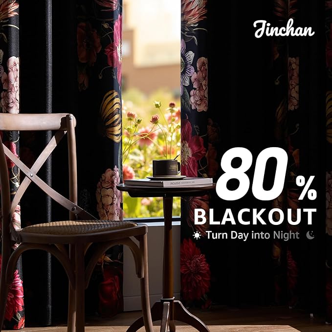 JINCHAN Hannah Floral Blackout Curtains with Retro Vintage Flower Print Drapes for Bedroom Living Room Fall Decor Winter Window Curtains Room Darkening 84 Inches Length 2 Panels Set with Grommet Black