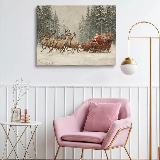 Vintage Santa Reindeer and Sleigh Wall Art Print,Christmas Prints,Rustic Holiday Reindeer Painting,Christmas Home Decor