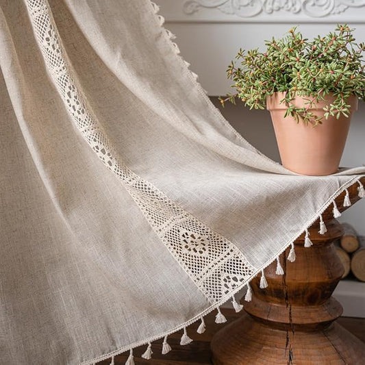 OYX Boho Curtains 96 Inch Length 2 Panels for Living Room, Bedroom Light Filtering Drapes, Farmhouse Vintage Country French Rustic Tassels Pattern Rod Pocket Aesthetic Decor Window Treatments