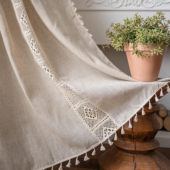 OYX Boho Curtains 63 Inch Length 2 Panels for Living Room, Bedroom Light Filtering Drapes, Farmhouse Vintage Country French Rustic Tassels Pattern Rod Pocket Aesthetic Decor Window Treatments
