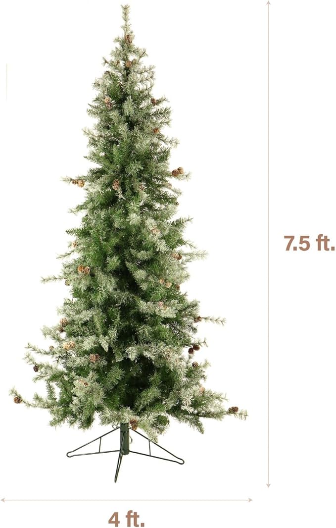 Fraser Hill Farm 7.5-Ft Buffalo Fir Slim Artificial Christmas Tree with Warm White LED Lights, Prelit Foldable Fake Tree with Realistic Snowy Foliage and Pinecones for Home Decoration