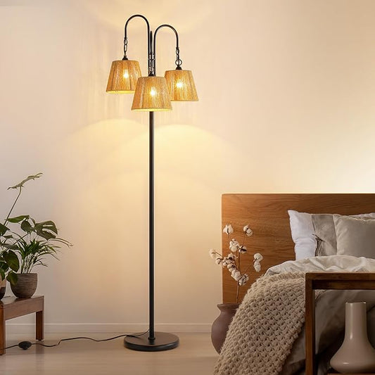 Rattan Floor Lamp, 68in. Boho Floor Lamps with Natural Shade, 3-Light Tree Lamp for Coastal, Beach or Bohemian Style Decor, E26 Socket, On/Off Footswitch Lamp for Living room, Bedroom (Bohemian-Black)