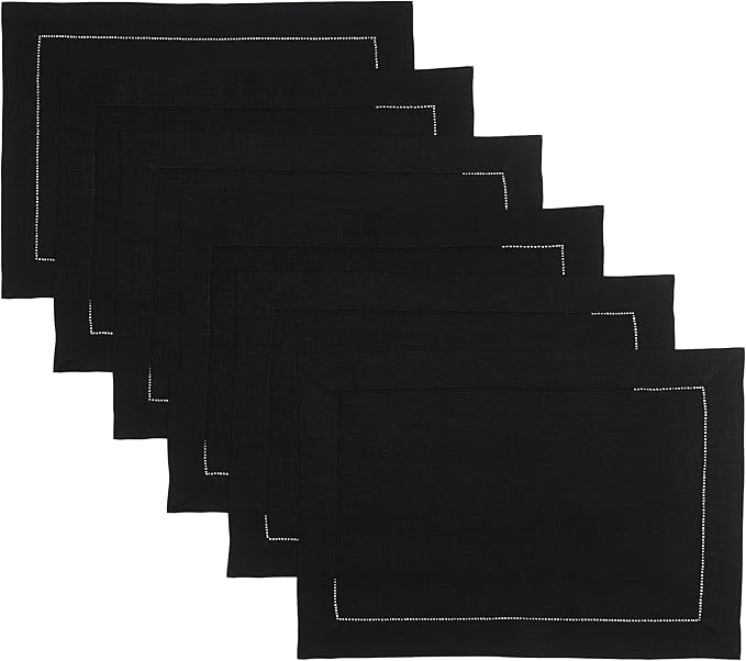 D'Moksha Homes Linen Placemats Set of 6 - Classic Hemstitch Black Placemats 14 x 19 Inch - 100% Pure Linen Table Mats for Winter, Christmas, Holiday - Handcrafted and Machine Washable