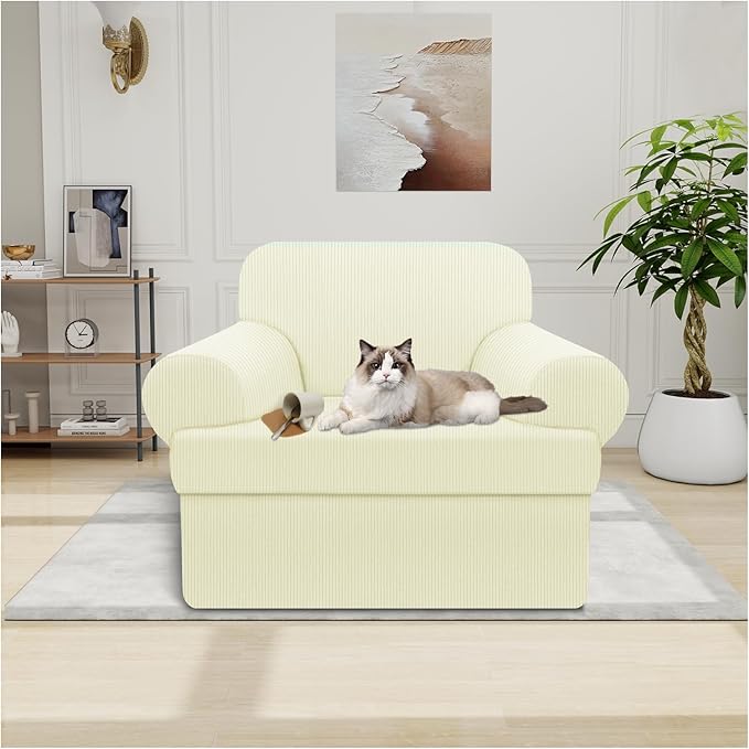 Waterproof Chair Cover with Arms 2-Piece Set Striped Slipcover for 1 Separate T Cushion Couch - TPU Fabric Armchair Covers Leakproof Couch Protector for Kids, Pets(Chair, Beige)