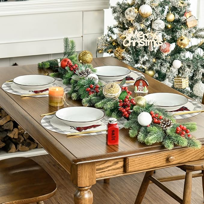 Artoid Mode Watercolor Grey Buffalo Plaid Christmas Trees Round Placemats Set of 4, 14 Inch Seasonal Winter Xmas Holiday Round Table Mats for Party Kitchen Dining Decoration