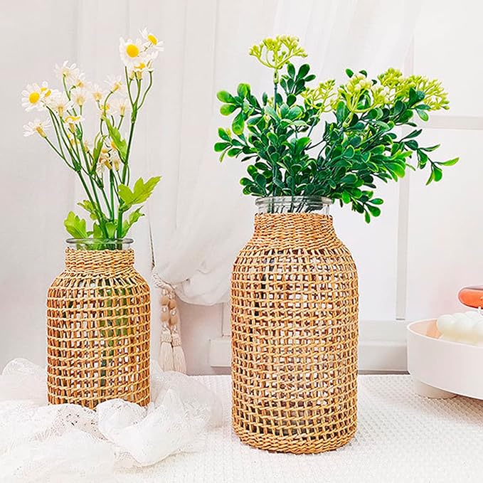 MDEOOSKY Straw Woven Glass Vase 10.25''X3.93''X5.52''Boho Glass Flower Vase Country Rustic Style Vase Glass Vase for Floral Arrangements Bottle Height (B Style 10.25IN)
