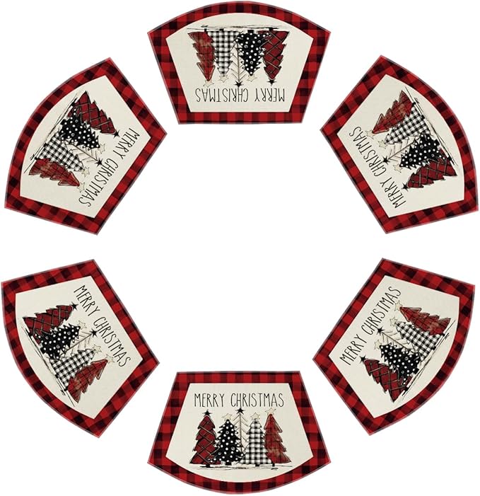 Artoid Mode Red Christmas Trees Wedge Shape Placemats for Round Table Set of 6, Winter Seasonal Kitchen Dining Table Decoration for Indoor Party Home