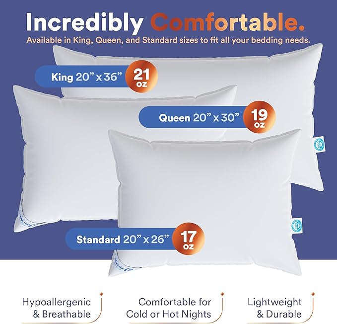 100% Siberian Goose Down Pillow - Queen Size, Pack of 1 - Soft and Luxurious Siberian Down Pillow for Back & Stomach Sleepers, 800 FP - Soft, High Softness and High Loft