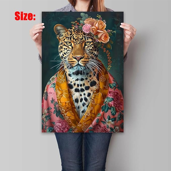 Eeuqiauot Vintage Leopard Canvas Wall Art Funny Animal Painting Elegance Leopard Poster Retro Animal Portrait Prints Wildlife Cheetah Picture Fashionista Trendy Wall Art for Room 16x24inch Unframed