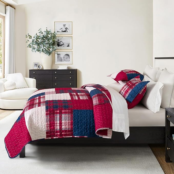 DURLENGEN White Quilt Set 3Pcs, Rustic Stonehurst Collection with Red & Navy & White Patchwork Pattern, All Season Lightweight Coverlet Sets(California King 112x104, Red Patchwork)