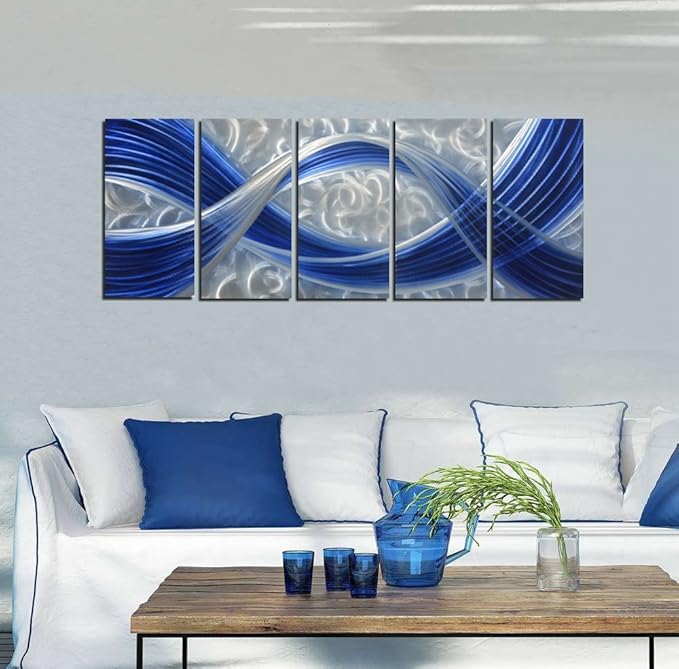 Metal Wall Sculpture with Dark Blue Line Silver Background, Aluminum Wall Art, Unique Metal Artwork, Abstract Metal Wall Art for Modern and Contemporary Decor, Indoor and Outdoor, 5-Panels 64" x 24"