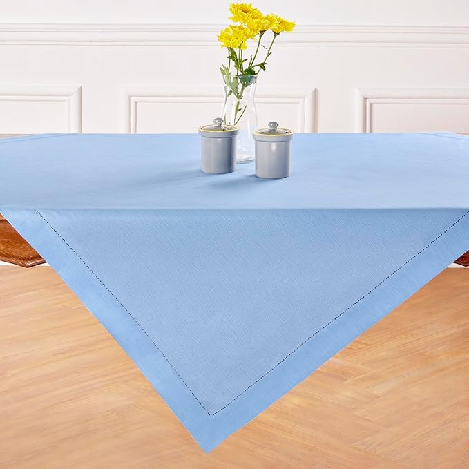 Solino Home Linen Cornflower Blue Tablecloth 52 x 52 Inch - 100% Pure Linen Square Table Throw - Classic Hemstitch, Machine Washable Table Cloth for Christmas, Holiday