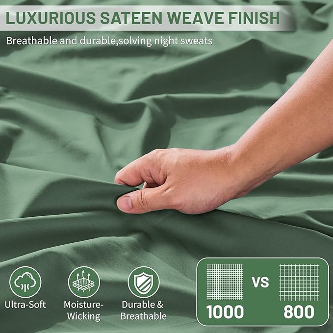 MEISHANG 1000 Thread Count Cotton Sheets California King - 100% Egyptian Cotton, Sateen Weave, Soft & Breathable, Oeko-Tex Certified, 16" Deep Pockets - 4 Piece (Cal King, Sage Green)
