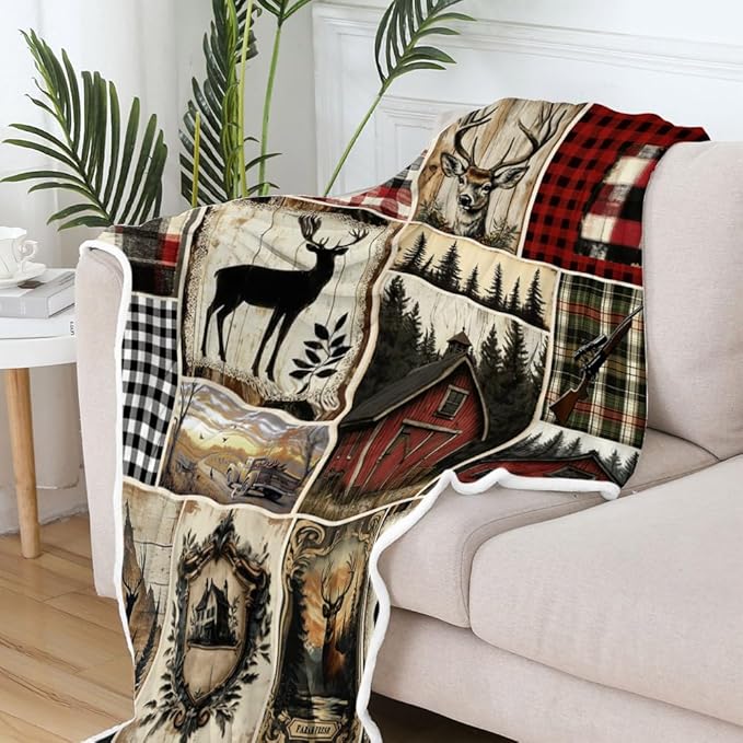 Rustic Cabin Throw Blankets, Farmhouse Animal Deer Cozy Warm Bed Couch Blanket, Plaid White Fleece Flannel Throws to Decorate The Room and Bedroom