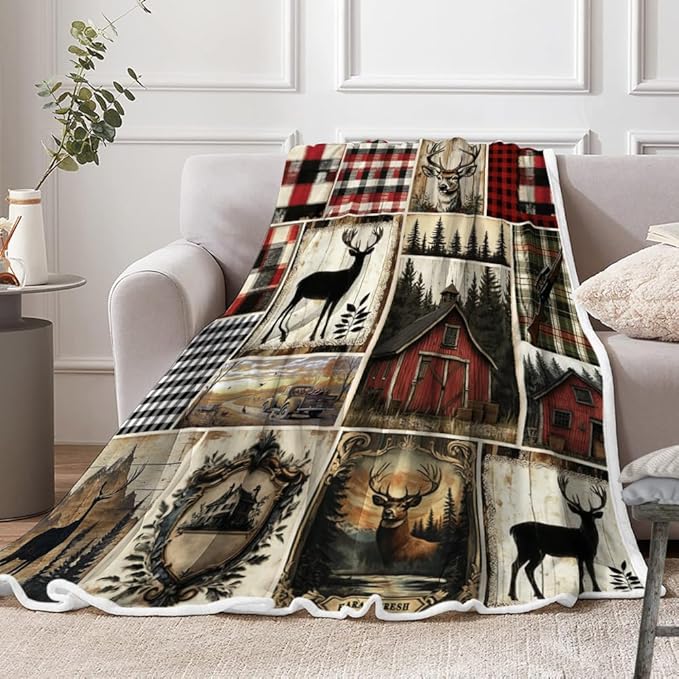 Rustic Cabin Throw Blankets, Farmhouse Animal Deer Cozy Warm Bed Couch Blanket, Plaid White Fleece Flannel Throws to Decorate The Room and Bedroom