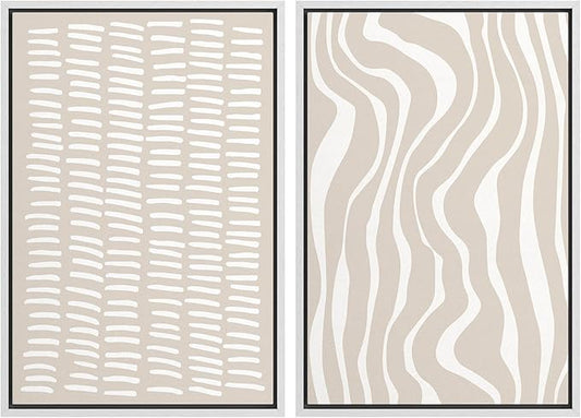 SIGNWIN Framed Canvas Print Wall Art Set Tan White Geometric Stripe Collage Abstract Shapes Cozy Neutral Modern Art Minimal Boho Relax/Calm for Living Room, Bedroom, Office - 16"x24"x2 White