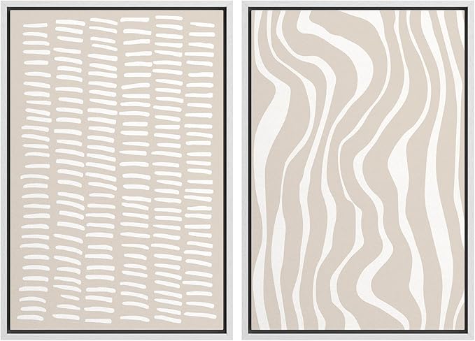 SIGNWIN Framed Canvas Print Wall Art Set Tan White Geometric Stripe Collage Abstract Shapes Cozy Neutral Modern Art Minimal Boho Relax/Calm for Living Room, Bedroom, Office - 24"x36"x2 White