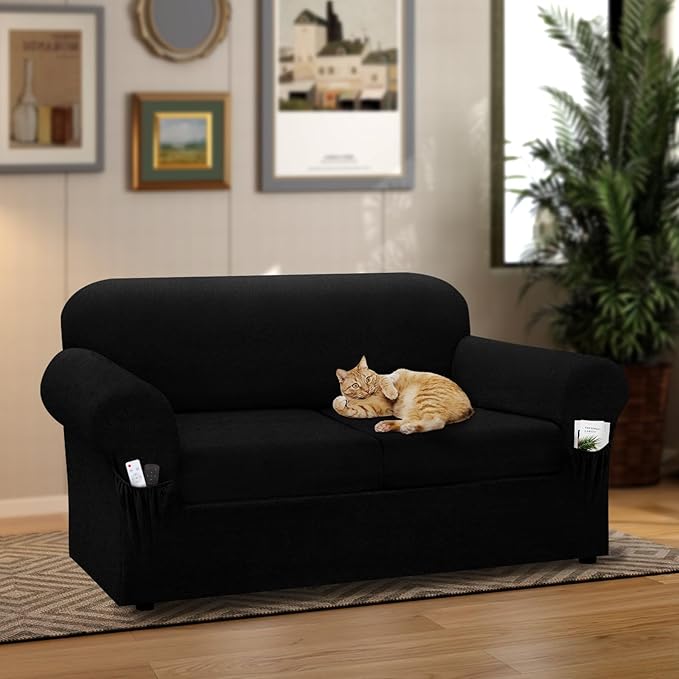 Loveseat Slipcover with Armrest Pockets 3-Piece Set, Stretch Faux Leather Love Seat Covers for 2-Cushion Couches(Fits 58-66") - Non-Slip, Machine Washable, Pet & Kid Friendly - Black