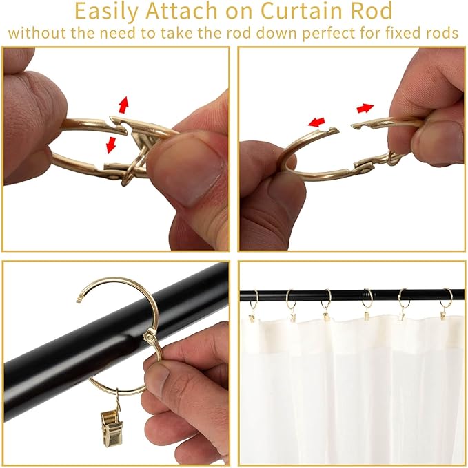 Openable Curtain Rings with Clips,1.25inch Inner Diameter,Heavy Duty Rustproof Metal Decorative Vintage Drapery Rings Curtain Clips Rod Hangers Door Curtain and Shower Curtain Rings Gold Zocang