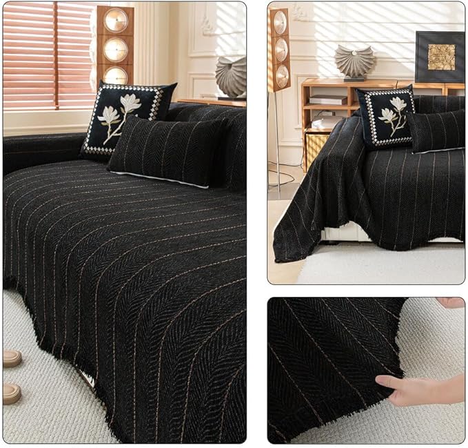 ROOMLIFE Black Sofa Cover, Vintage Boho Couch Cover for 3 Cushion Sofa, Non Slip Soft Chenille Sofa Slipcovers for Dog, Washable Furniture Sofa Protector Cover with Tassel for Living Room, 71''X150”