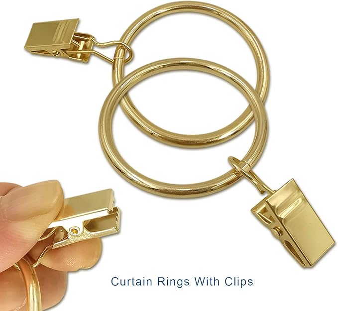 40 Pack Metal Curtain Rings with Clips, Curtain Clip Rings Hooks for Hanging Drapery Drapes Bows, Curtain Rod Rings 1.5 inch Interior Diameter, Gold