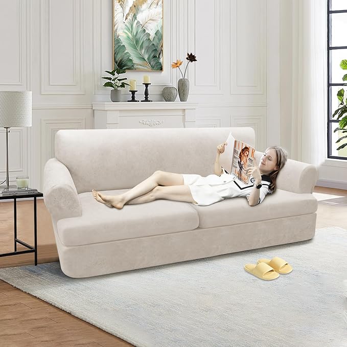 3-Pieces T Cushion Loveseat Slipcovers Leather Look Couch Cover Loveseat Covers for 2 Cushion Couch Furniture Protector Stretch Sofa Cover with 2 Individual T Cushion Seat Covers, Beige