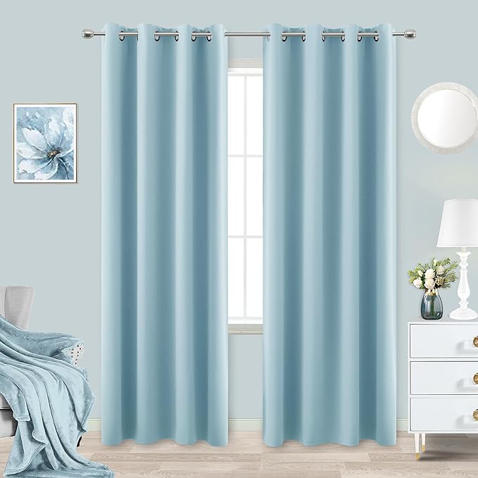 KOUFALL Light Blue Blackout Curtains 90 Inches Long for Bedroom 2 Panels Set Thermal Insulated Room Darkening Draperies for Living Room 52x90 Inch Length