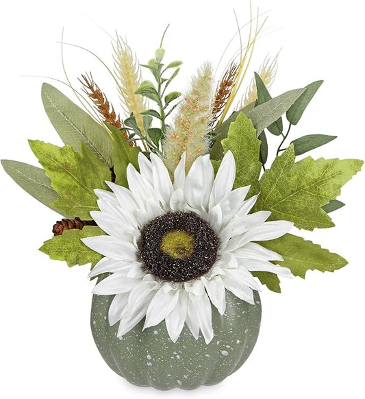 Artificial Pumpkin Floral Arrangement with White Sunflowers & Autumn Leaves – Fall Table Centerpiece for Thanksgiving, Halloween & Harvest Décor – Rustic Farmhouse Pumpkin Autumn Décor